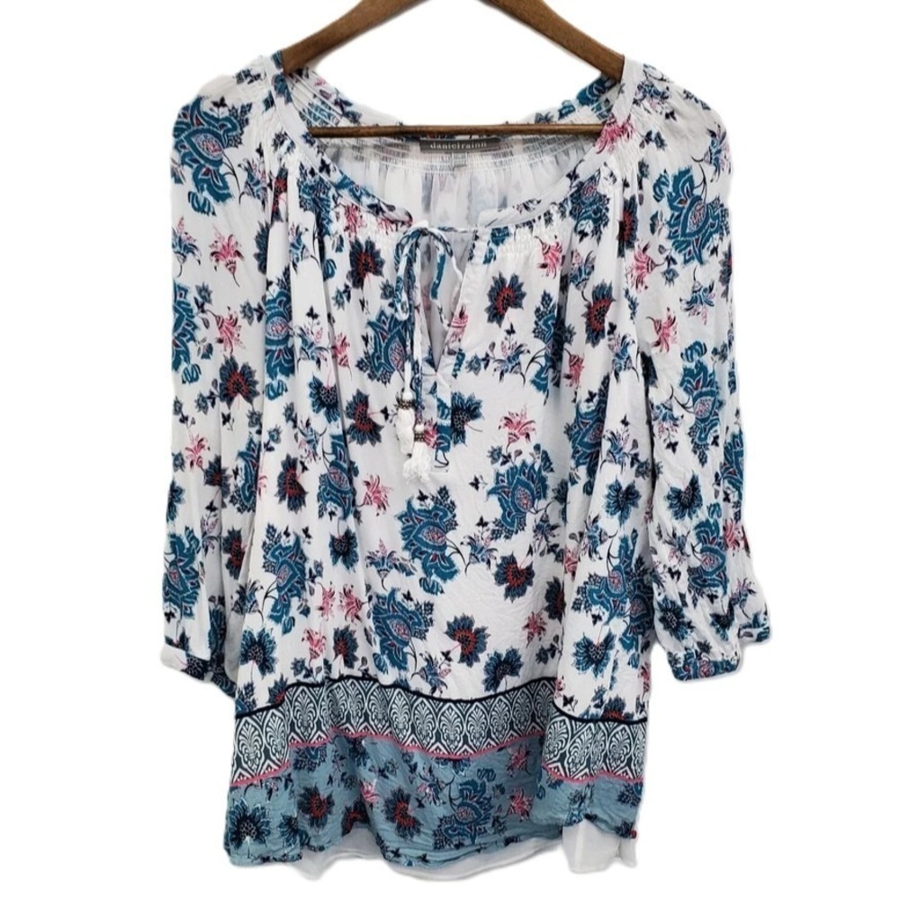 Daniel Rainn Womens 1X White Floral Blouse Long Sleeve Tassel Tie Neck Top